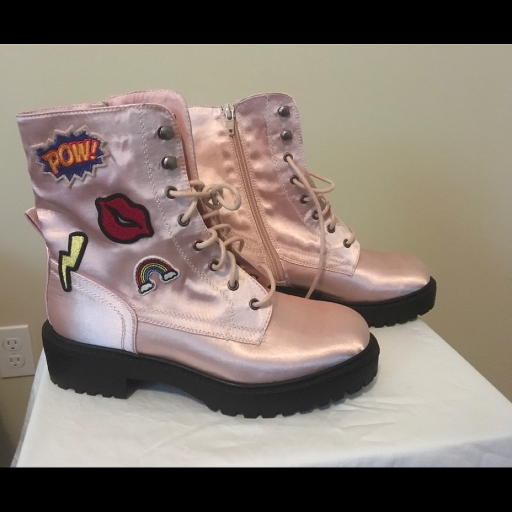 Pink Sateen Embroided Lace Military style Boots